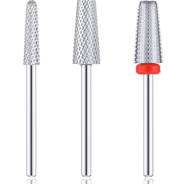 3 Pieces Nail Drill Bits Set, Nail Carbide 5 in 1 Bit, Tapered Barrel Carbide Nail Drill Bit, 3/32 Inches Cone Shape Carbide Bit Carbide Nail Drill Bits for Acrylic or Gel Remover (Silver)