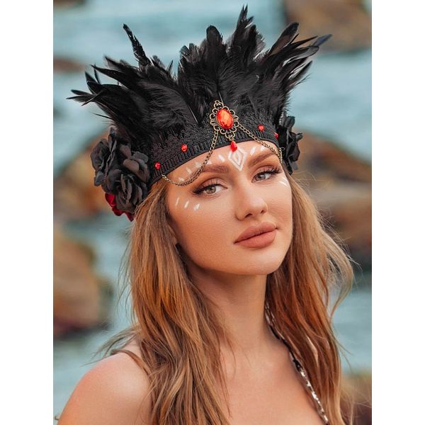 Aukmla Black Gothic Feather Headband Rose Flower Headpiece Vintage Red Crystal Headdress Halloween Costume Festival Hair Accessories for Women and Girls