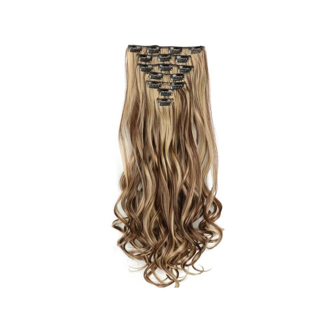 FDEETY Clip in Hair Extensions 22 Inch Set Curly Wave Long Hair Extension Clip ins, Wavy Hair Extensions for Women Synthetic Clip on Extension (Chocolate Brown&Honey Blonde)