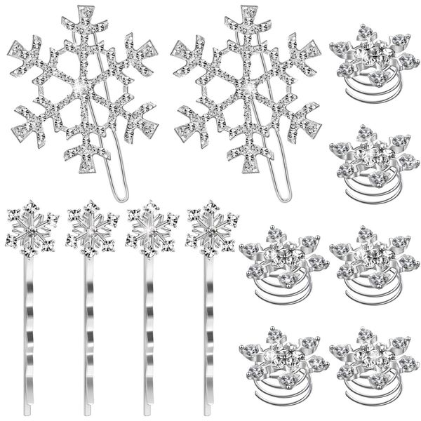 12 Pcs Snowflake Hair Clips Shiny Rhinestone Alloy Hairpins Snowflake Hair Clip Set, Snowflake Hair Pins Crystal Hairpins Spiral Barrette Accessories Headwear for Women Girl Wedding Winter Christmas