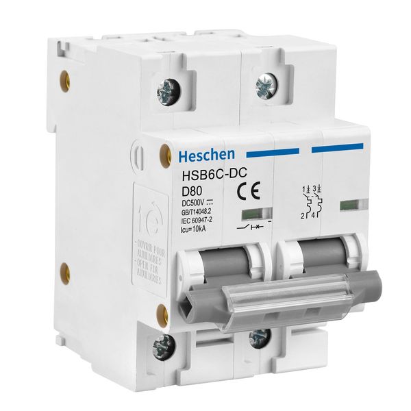 Heschen DC Miniatur-Leistungsschutzschalter, HSB6C-DC, 2 Polig, DC500V 80A, Photovoltaik Leistungsschutzschalter, für Solar PV Anlage Solar Panels Grid System, 35mm DIN-Schienenmontage