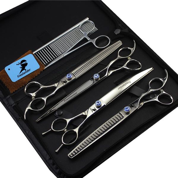 8 inch Professional Pet Hair Grooming Scissors Thinning Shear & Straight Edge Shear & Curved Scissors & Chunker Shears and Top Japanese 440C Stainless Steel with Pet Grooming Comb