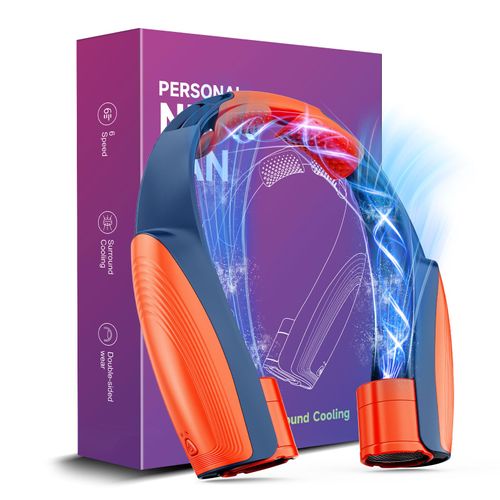 AI Portable Neck Fan with 6 Powerful Speeds, 8000mAh Battery Operated USB-C Rechargeable Fan, Hands-Free 360° Cooling Neck Fan,Ultra-Quiet Personal Fan for Women Men Office Travel(Orange-Blue)