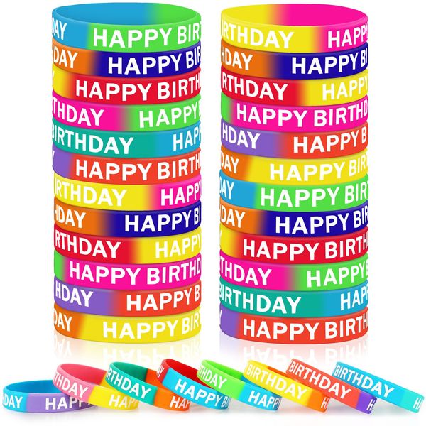 JUNEBRUSHS Birthday Rubber Bracelets, 24pcs Happy Birthday Silicone Bracelets Wristbands for Classroom Students Kids Teachers Birthday Party Favors Reward Gifts Accessories（12 Designs）