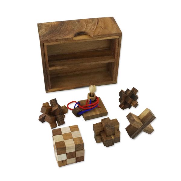 NOVICA Brown Hand Made Raintree Wood Puzzles Game,'Mini Puzzles' (Set Of Six)