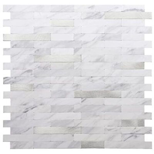 Peel and Stick Backsplash, PVC Wall Tiles 1 White Marble with Metal Silver