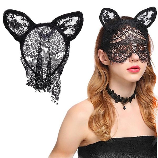 AsggBah 1pack Black Lace Cat Ears Masquerade Mask Half-faced Lace Cover for Halloween Christmas Carnival Party Costume Women Girls (Headband)