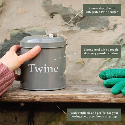 Thistlewood Classic Garden Twine Tin with Cutter (Includes 140m Natural Jute Twine) - Slate Grey