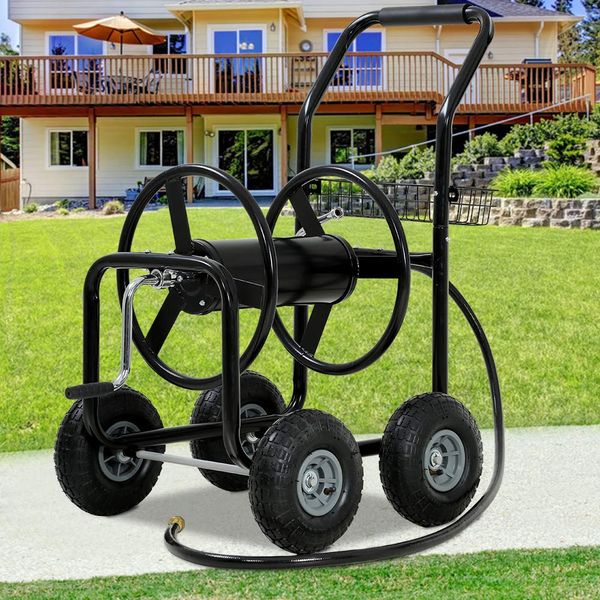 Garden Hose Reel Cart with Wheels, Holds 300-Feet of 5/8-Inch Hose, Heavy Duty Yard Water Planting 4 Wheels Outdoor Garden Lawn Water Truck with Storage Basket,Black