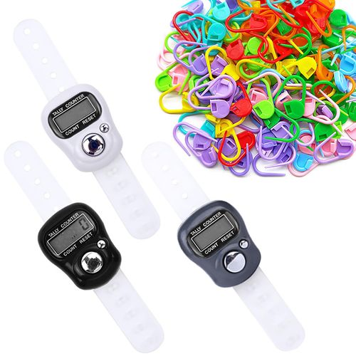 Pack of 3 Electronic Finger Counter, Mini Hand Counter, Row Counter with LED Resettable Digital Finger Counter, Finger Round Counter with Hand Ring and 50 Stitch Markers for Golf Round Counting