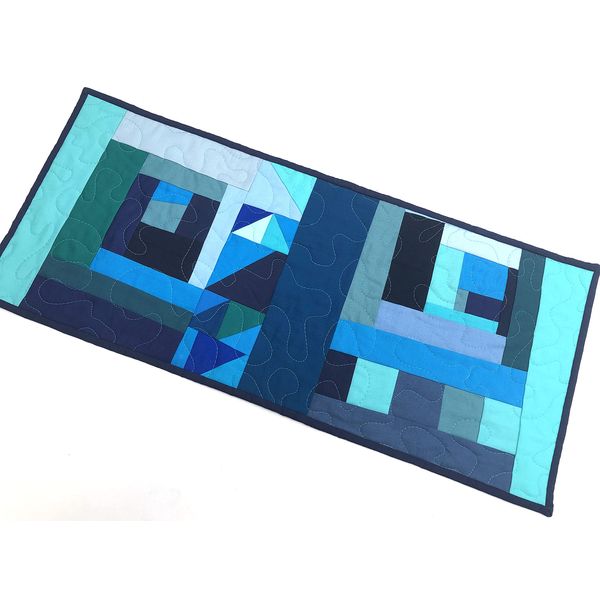 Blue and Green Quilted Fabric Patchwork Table Runner