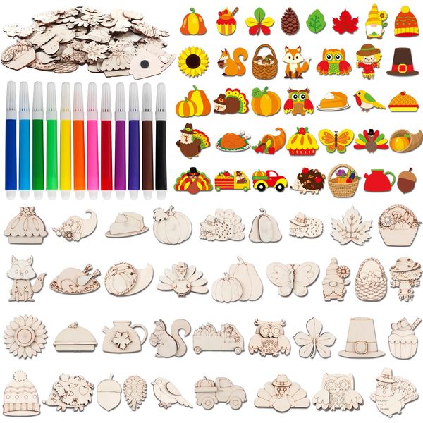 Fall Wooden Crafts Magnets Kits for Kids, 36 pcs Creativity Art DIY Painting Kit Supplies Decorate Your Own Painting Activities for Thanksgiving, Birthday Harvest Party Favors Gifts for Boys Girls