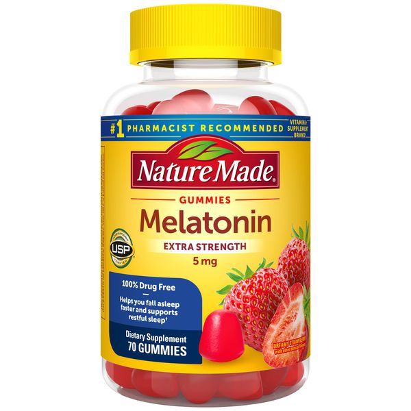 Nature Made Melatonin 5mg Extra Strength Gummies, 100% Drug Free Sleep Aid for Adults, 70 Melatonin Gummies, 70 Day Supply