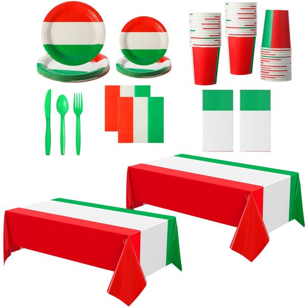 Oudain 162 Pcs Italian Dinner Party Decorations 2 Italian Flag Rectangular Tablecloth Mexican Flag Decorations Italian Themed Tableware Red White and Green Party Decorations Italian Dinner Plates Set