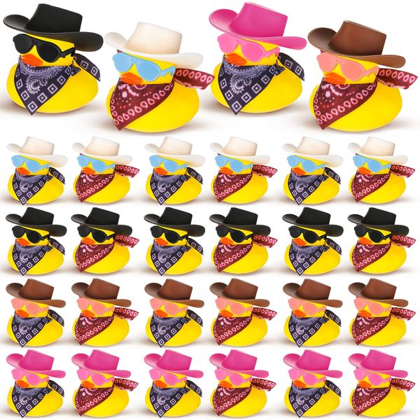 Hanaive 24 Sets Disco Cowboy Rubber Duck with Light up Mini Holographic Space Hat Scarf Sunglasses Cute Bath Rubber Duck Bathtub Accessories Toy Baby Shower Birthday Christmas Supplies (Cute Style)