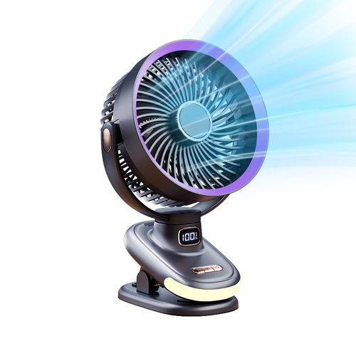 SYBOYEGE Portable Clip on Fan, Battery Operated Small Powerful USB Desk Fan with Night Light & LED Display Screen, Mini Table Fan, 360° Rotate Personal Fan for Home Office Stroller Camping (Gray)