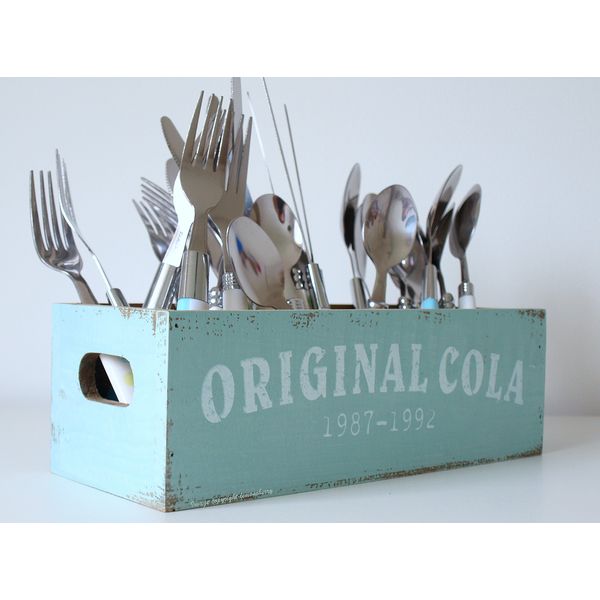 Cutlery Holder - Retro Style Pastel Blue/Turquoise Wooden Utensil Holder - Knives, Forks & Spoons. Cutlery Stand Utensil Holder Box