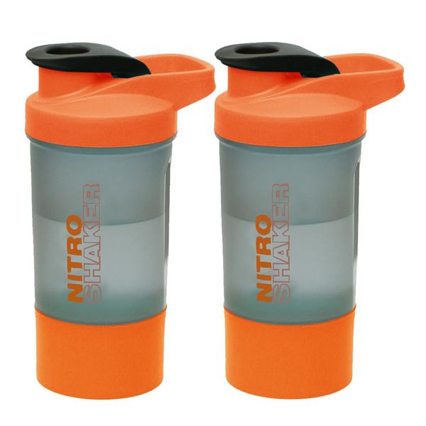 2 x Orange - Protein Shaker Bottle 600ml Leak-Proof Screw-On Lid and Secure Drinking Flip Cap Metal Mix Ball & Storage Box Gym/Sports/Exercise Pre-Workout Drinks BPA Free Shaker Drink Bottle