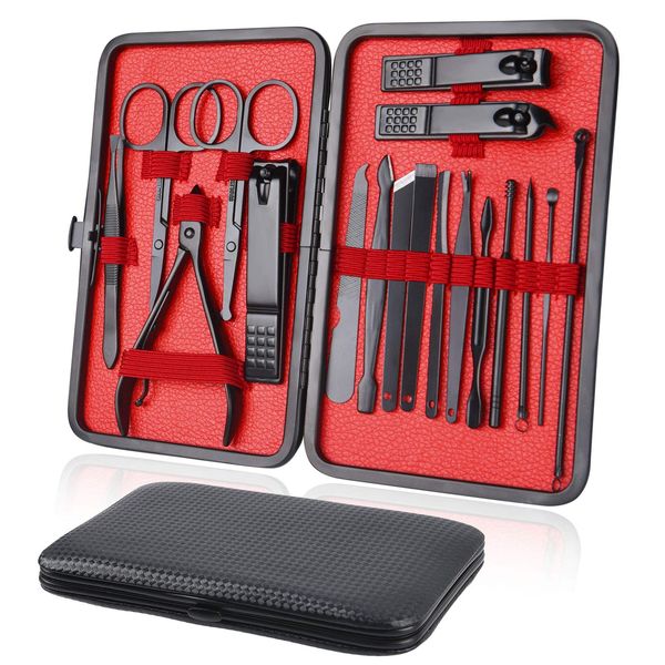 URAQT Professional Manicure Set, 18 pcs Portable Nail Clippers Pedicure Set & Eyebrow Grooming Kit, Stainless Steel Nail Care Tools with Luxurious Leather Case