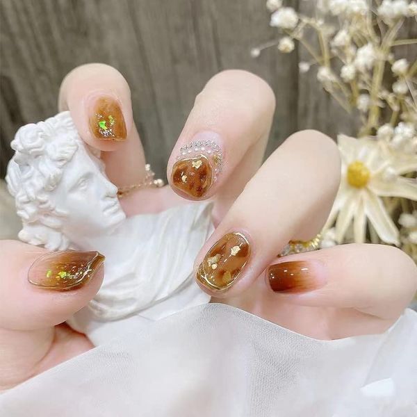 AAGWW Nail Tips, Berry Short, False Nails, Short, Coming-of-Age Ceremony, Mat, False Nails, Cute, Beautiful Shell Supplies, Workshop, Glue Design (Color: Amber Gemstone, Product Contents: 24 Nail Art + Glue)