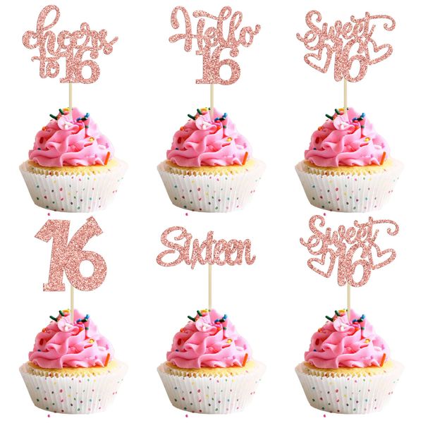 30Pcs 16th Birthday Cupcake Toppers Sixteen Happy 16th Cupcake Picks Cheers to 16 Sweet 16 Cake Decorations for 16th Birthday Anniversary Party Supplies Rose Gold Glitter