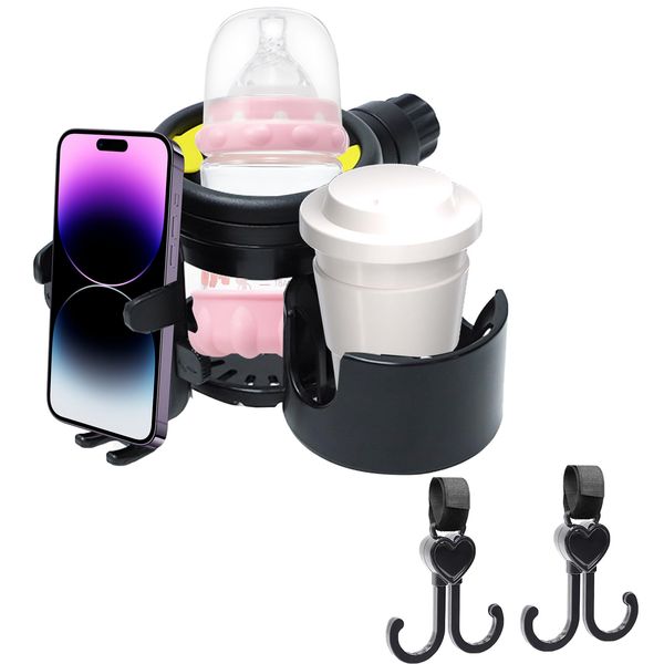 Pram Cup Holder, 3 in 1 Buggy Cup Holder Universal Stroller Cup Holder 360° Rotating Phone Holder Drink Coffee Holder Baby Bottle Organizer for Pram Stroller Buggy Pushchair