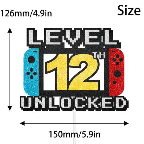 Level 12th Unlocked Cake Topper - Level 12th game Sign Theme Party Decorations 12th Birthday Level Up Cake Decorations for Video Game Themed Kids Boy Girl Party Supplies