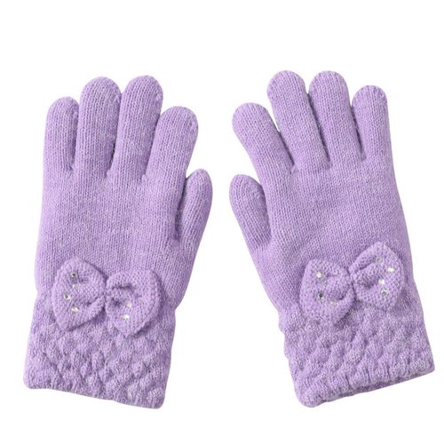 Arisana Kids' Knitted Gloves, Girls, Five-Fingered, Juniors, Fleece-Lined, Solid Colors, Bows, G. Lavender