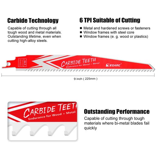 EZARC Carbide Reciprocating Saw Blade R956HM Endurance for Hard Wood and Metal Demolition 225mm 6TPI, 3-Pack