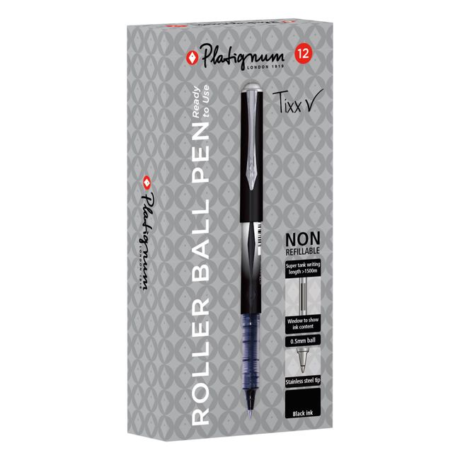 Platignum Tixx Black Gel Ink Roller Ball Pen [Pack of 12] 1500 m Writing Length [Ref: 50458]