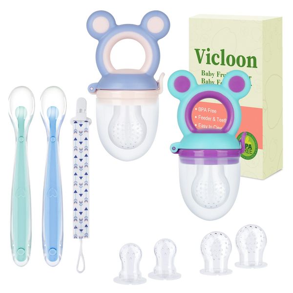 Vicloon Baby Food Feeder Set, 2 Pack Silicone Baby Fresh Food Feeder Fruit Feeder Pacifier, Infant Teething Toy Teether with 2 Soft Spoons, 6 Replacement Nipples and 1 Pacifier Chain(Green Purple)