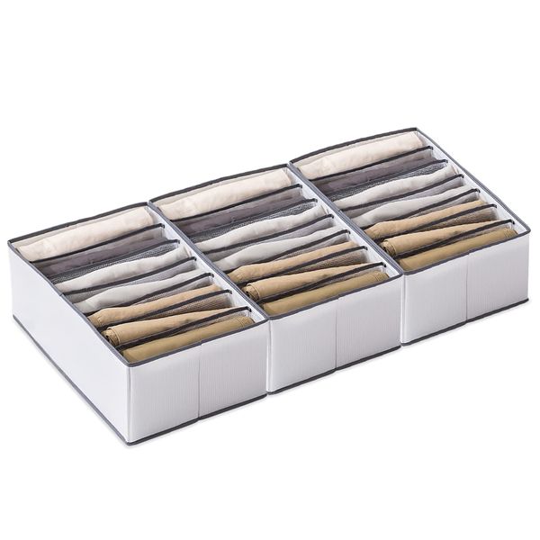 QUIENKITCH Drawer Storage, Foldable, Drawer Dividers, 7 Squares, Set of 3 [More Durable - PVC Fabric + PP Hardboard] Foldable Storage Box, Garment Case, Divider Box, Garment Storage Case, Grid Storage, Large Capacity, Breathable, Washable, Jeans, Trousers