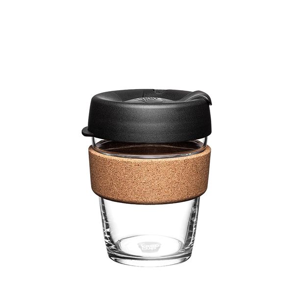 KeepCup Reusable Tempered Glass Coffee Cup | Travel Mug with Splash proof Lid, Brew Cork Band, Lightweight, BPA Free | Medium | 12oz / 340ml | Black