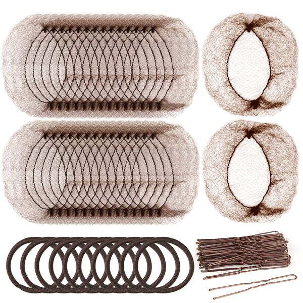 80pcs Brown Invisible Hair Bun Net Set, Teenitor 30pcs Invisible Hair Nets with Elastic Edge Mesh, 40pcs Coffee U Shape Hair Bun Pins & 10pcs Elastic Hair Bands for Girls Women Ballet Dancer Catering