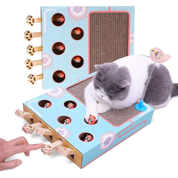 longjunjunfashion Cat Enrichment Toys - Interactive Whack a Mole Game, Scratching Pad, and Cardboard Box for Indoor Cats