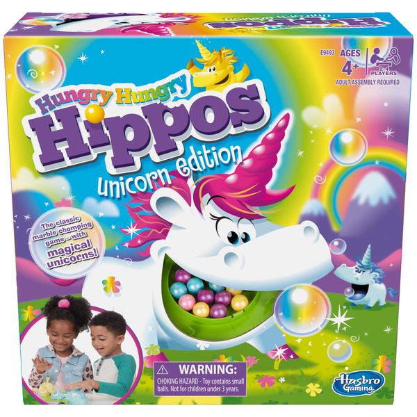 Hasbro Gaming Hungry Hippos Unicorn Edition Pre-School Board Game for Kids Ages 4 and Up; 2-4 Players