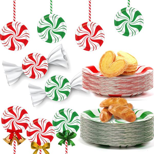 48Pcs Christmas Peppermint Candy Paper Plates Christmas dessert Cake Plates Candy Mint Happy New Year Disposable Party Supplies Set Holiday Xmas Peppermint Red Green Striped Decorations 7Inch