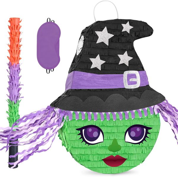 WERNNSAI Witch Piñata - Piñata with Stick and Blindfold Kids Costume Party Games School Scary Theme Game Night Witch Piñata Witch Party Game Girls Boys 16.4”x 12.4”