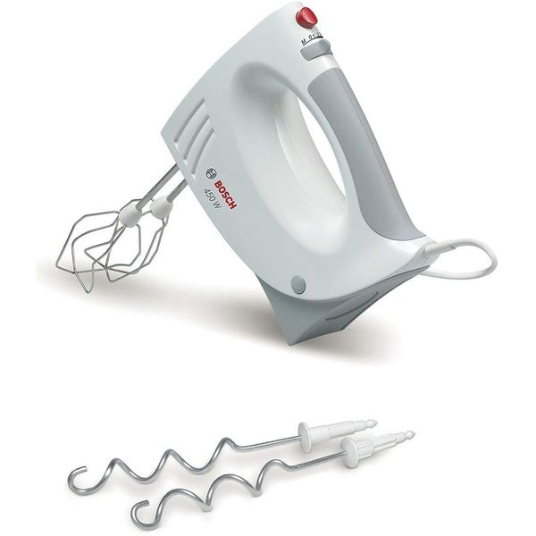 Bosch Handrührer MFQ3530, Handrührgerät, 2 Rührbesen, 2 Edelstahl-Knethaken,spülmaschinengeeignet, 5 Stufen, 450W, Weiß/Grau