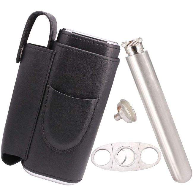 AMANCY Luxury 2 Holder Brown Leather Portable Cigar Case Gift Set,Contained  2 Oz Stainless Steel Flask with Lighter and Cutter