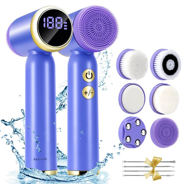 Easterville Facial Cleansing Brush-Rechargeable Face Brush IPX6 Waterproof Spin Face Scrubber, Face Exfoliator Brush-3 Speeds&6 Brushes for Cleansing Silicone Face Cleanser