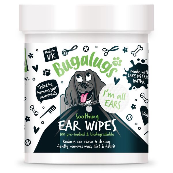 BUGALUGS Dog Ear Cleaner Dog Wipes 100 Biodegradable textured pre-soaked dog ear wipes. Pet Wipes Dog Ear Cleaner Solution Stops Head Shaking, Itching & Waxy Ears