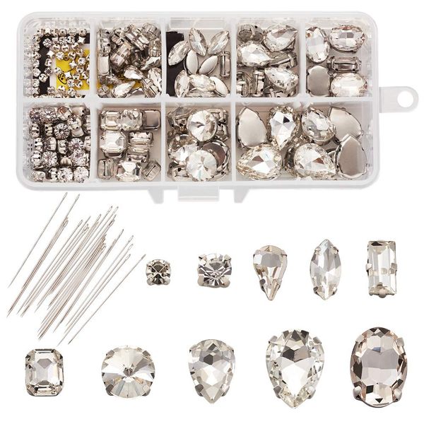 Cheriswelry 180pcs Glass Sew On Rhinestones Prong Setting Crystal Clear Gems Montee Beads with Sewing Needles for Garment Clothing Dress Embellishment