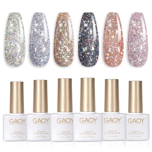GAOY Gel Nail Color Gel Set, Glitter, Shining Nails, Black, Silver, Pink, 6 Color Set, UV-LED Compatible, Polish Type, Self Nail