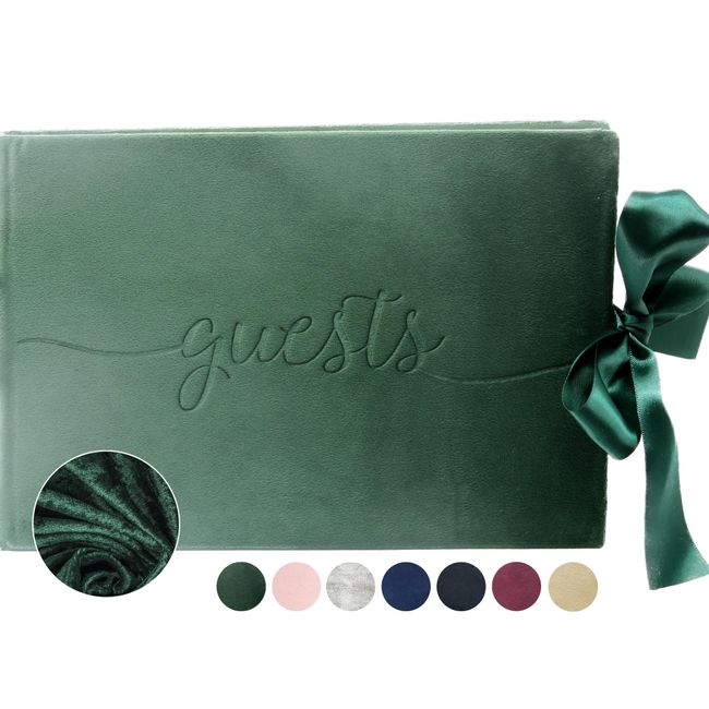 Rosh Pinnah Luxury Velvet Guest Book (100 Pages) - Sign-in Registry Guestbook & Keepsake & Polaroid Photo Book Scrapbook – Velvet Hard Cover with Satin Ribbon - 7” x 10" (Green)