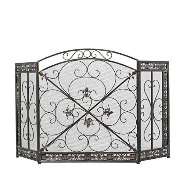 Metal Foldable Mesh Netting 3 Panel Fireplace Screen With Fleur De Lis And Scrol