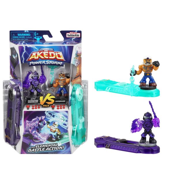 Legends of Akedo Powerstorm | Pack 2 Mini Battling Action Figures and 2 Battle Controllers | Epic Shadowfire Nightblade Versus Overboard