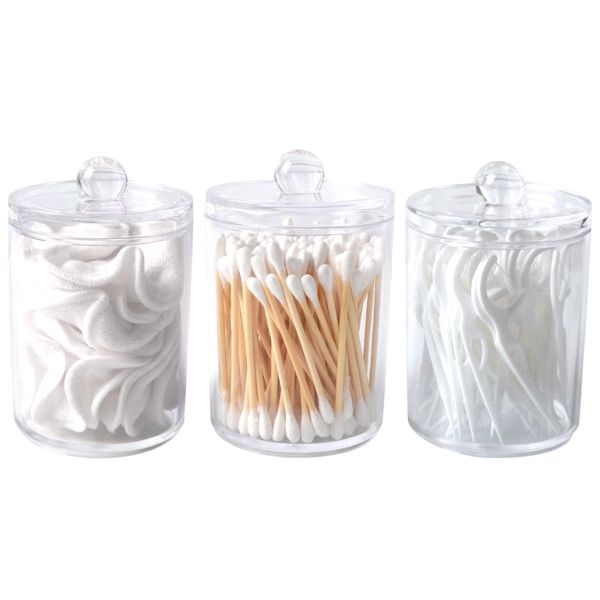 ProChosen 3 Pack Cotton Swab Ball Pad Holder, Cotton Pad Holder with Bamboo Lid Acrylic Clear Cotton Bud Holder Dispenser Bathroom Storage Jars Makeup Organiser Set anity Makeup Organizer