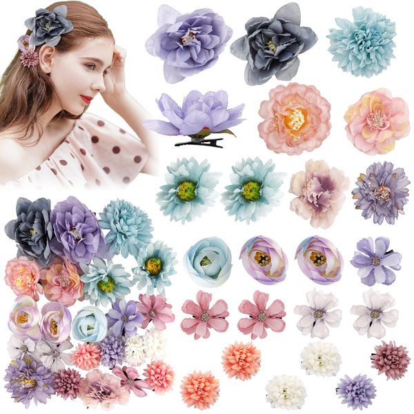 Atoden Hawaiian Flower Hair Clips Realistic Bohemian 23Pcs Hawaii Boho Flower Clips Artificial Rose Tropical Floral Hair Barrettes Wedding Bridal Hair Accessories for Women Girls Blue Purple