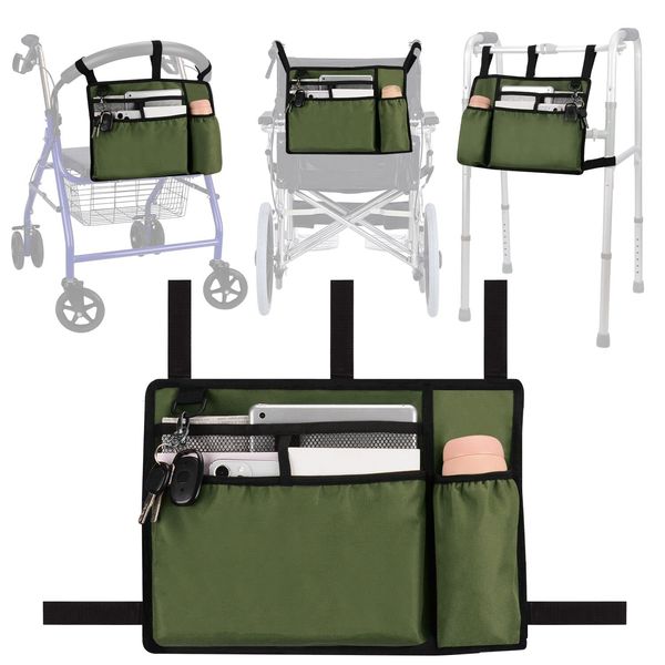 supregear Walker Bag with Cup Holder, Water-Resistant Wheelchair Pouch Folding Walker Accessory Basket for Wheelchairs, Rollators, Scooters (Military Green)